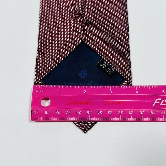 Ermenegildo zegna Silk Tie Necktie Red White Woven Geometric Italy - Picture 7 of 7